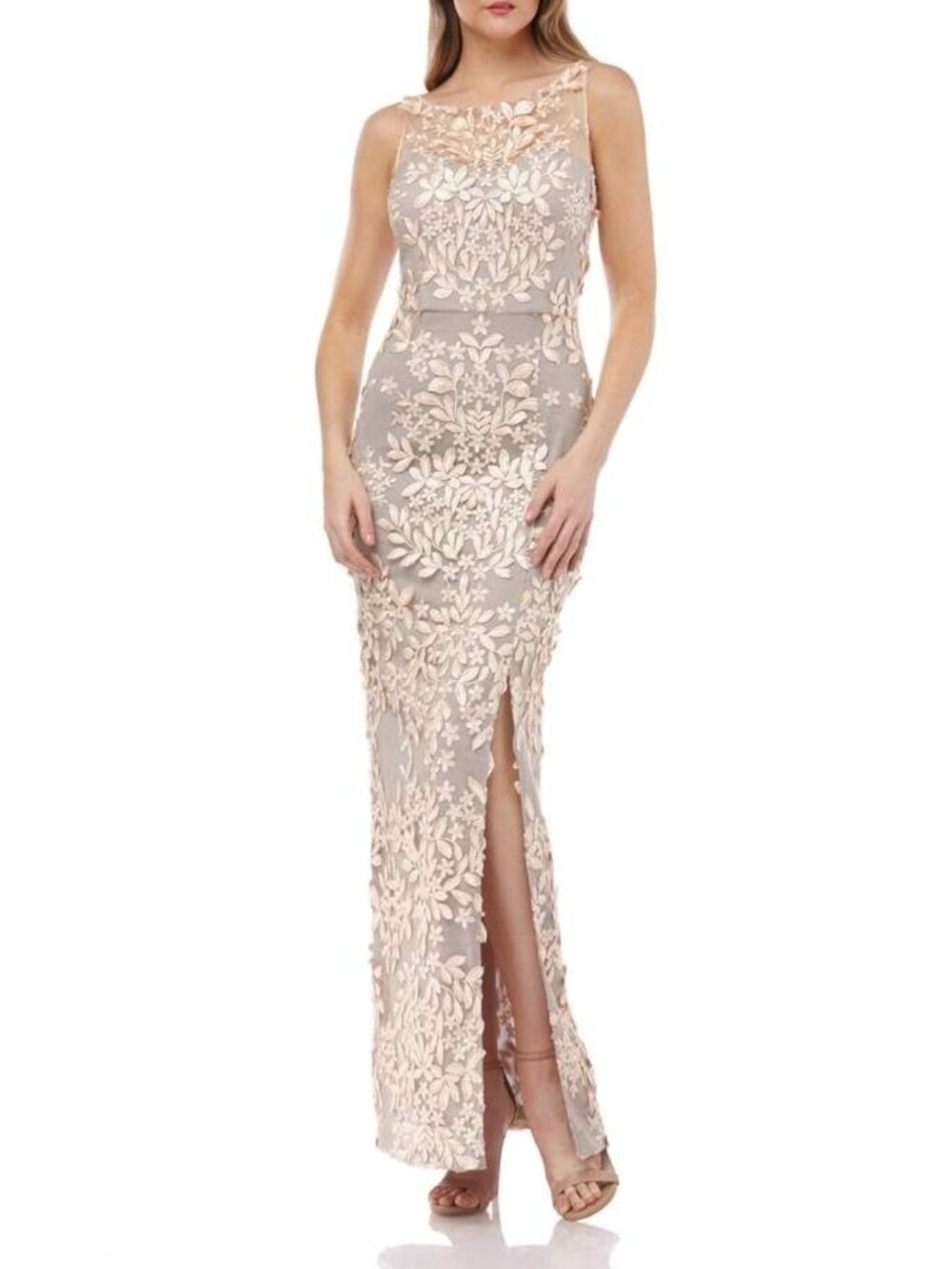 NWT JS Collections Blush Gray Nude Floral Lace Illusion Leaf Applique Maxi Dress